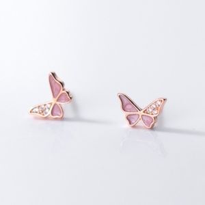 Sterling Silver Butterfly Earrings w/ rhinestone center & marbled pink stone